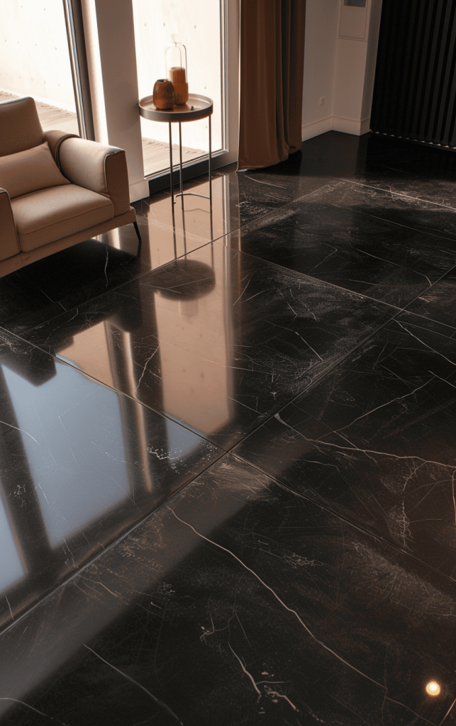 Deluxe dark concrete floor in a residential living room floor