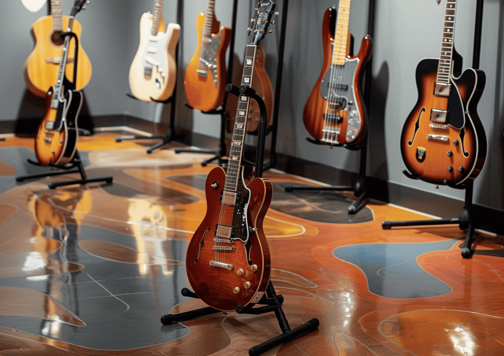 Guitars showcased beautifully in a music store showroom with beautiful designer floor