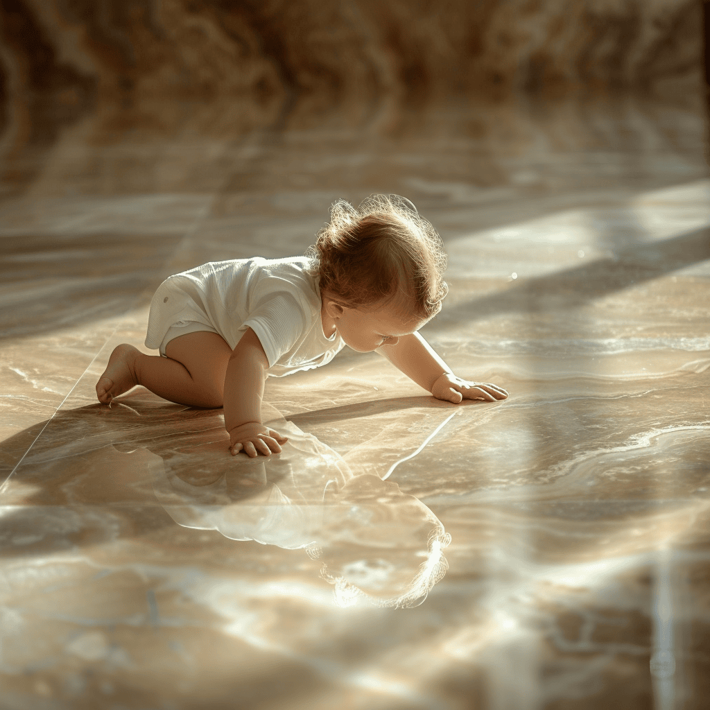 Cute baby crawling on a beautiful decorative metallic epoxy floor